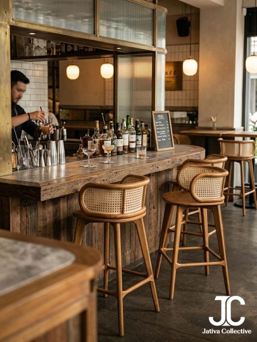 The Ubud Curved Teak & Rattan Barstool - Bar Chair
