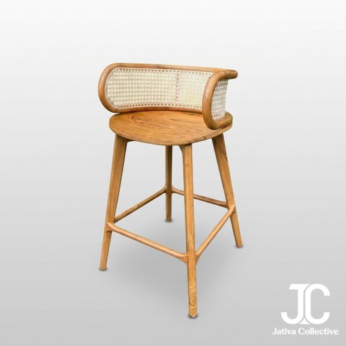 The Ubud Curved Teak & Rattan Barstool