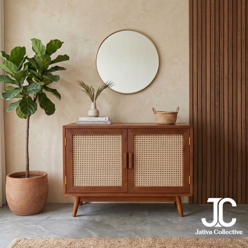 Teak Rattan 2-Door Buffet Cabinet - Mid-Century Modern