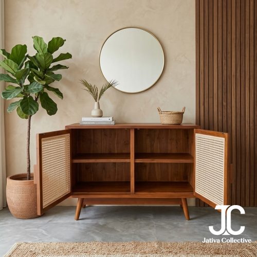 Teak Rattan 2-Door Buffet Cabinet