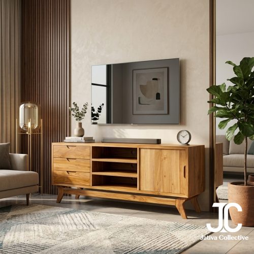 Mid-Century Louvered Teak Media Console - Mid-Century Modern