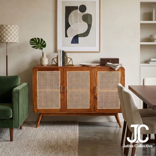 Teak Rattan 3-Door Sideboard (Natural Finish)