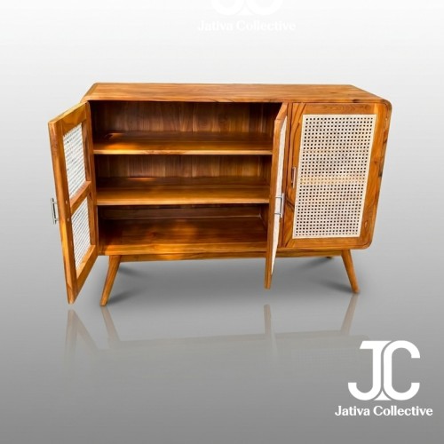 Teak Rattan 3-Door Sideboard (Natural Finish)