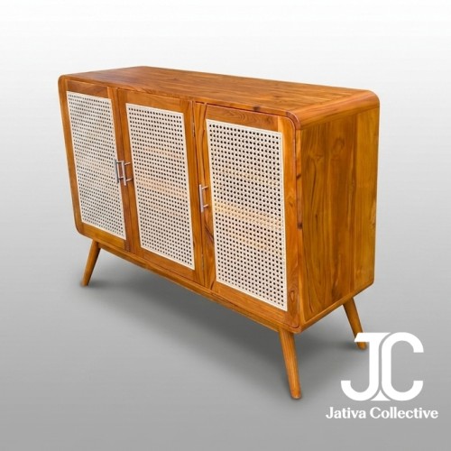 Teak Rattan 3-Door Sideboard (Natural Finish)