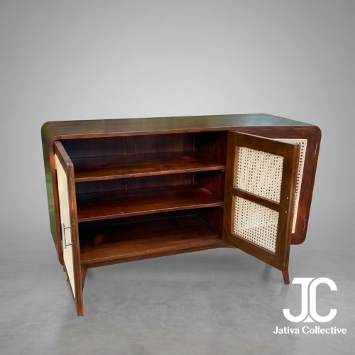 Teak Rattan 3-Door Sideboard