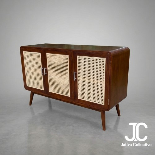 Teak Rattan 3-Door Sideboard