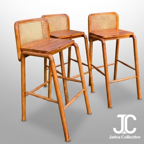 Teak Rattan Curved Bar Stool